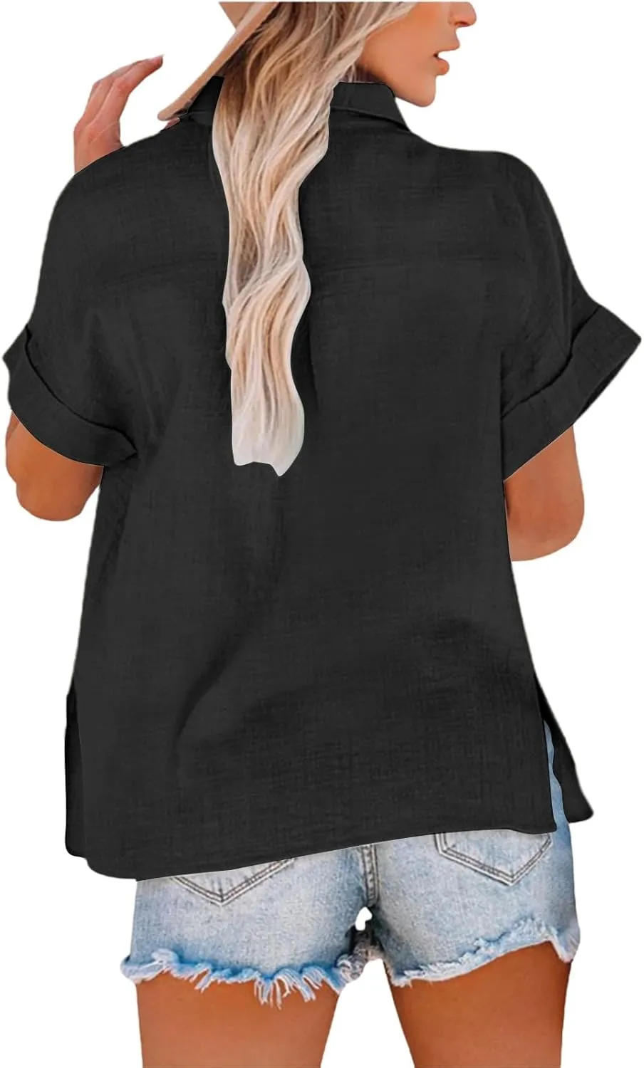 Women Linen Shirts Summer Trendy Short Sleeve V Neck Blouses Lightweight Breathable Tunic Tops Beach Vacation Clothes