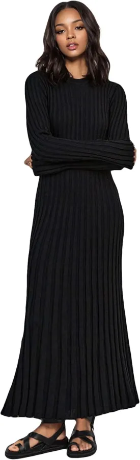 Women Long Sleeve Knit Maxi Dress Crewneck Solid Ribbed Casual Bodycon Pleated Elegant Long Sweater Dress