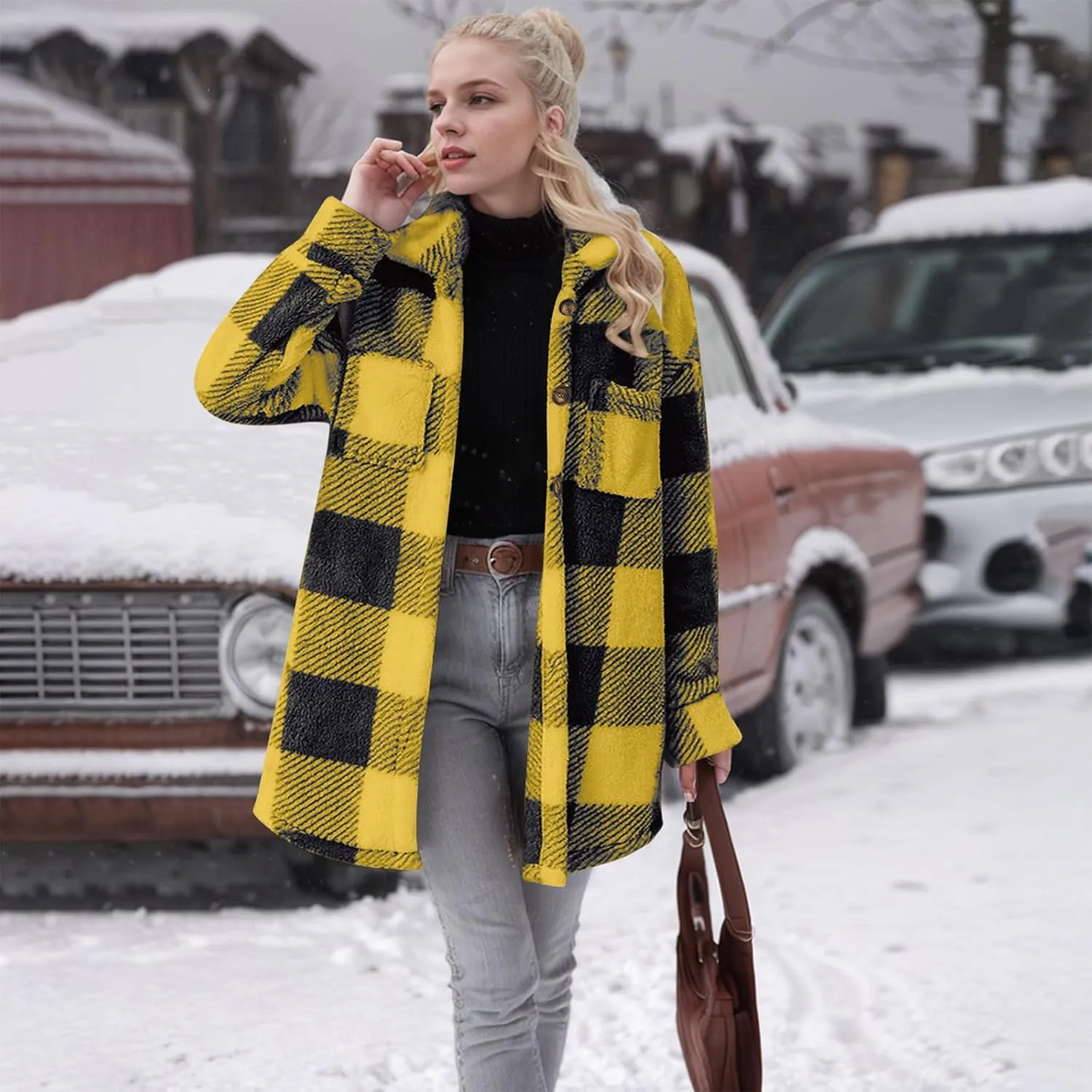 Women Sherpa Jacket Casual Flannel Colorblock Plaid Shacket Long Sleeve Lapel Button Long Fleece Jackets with Pockets