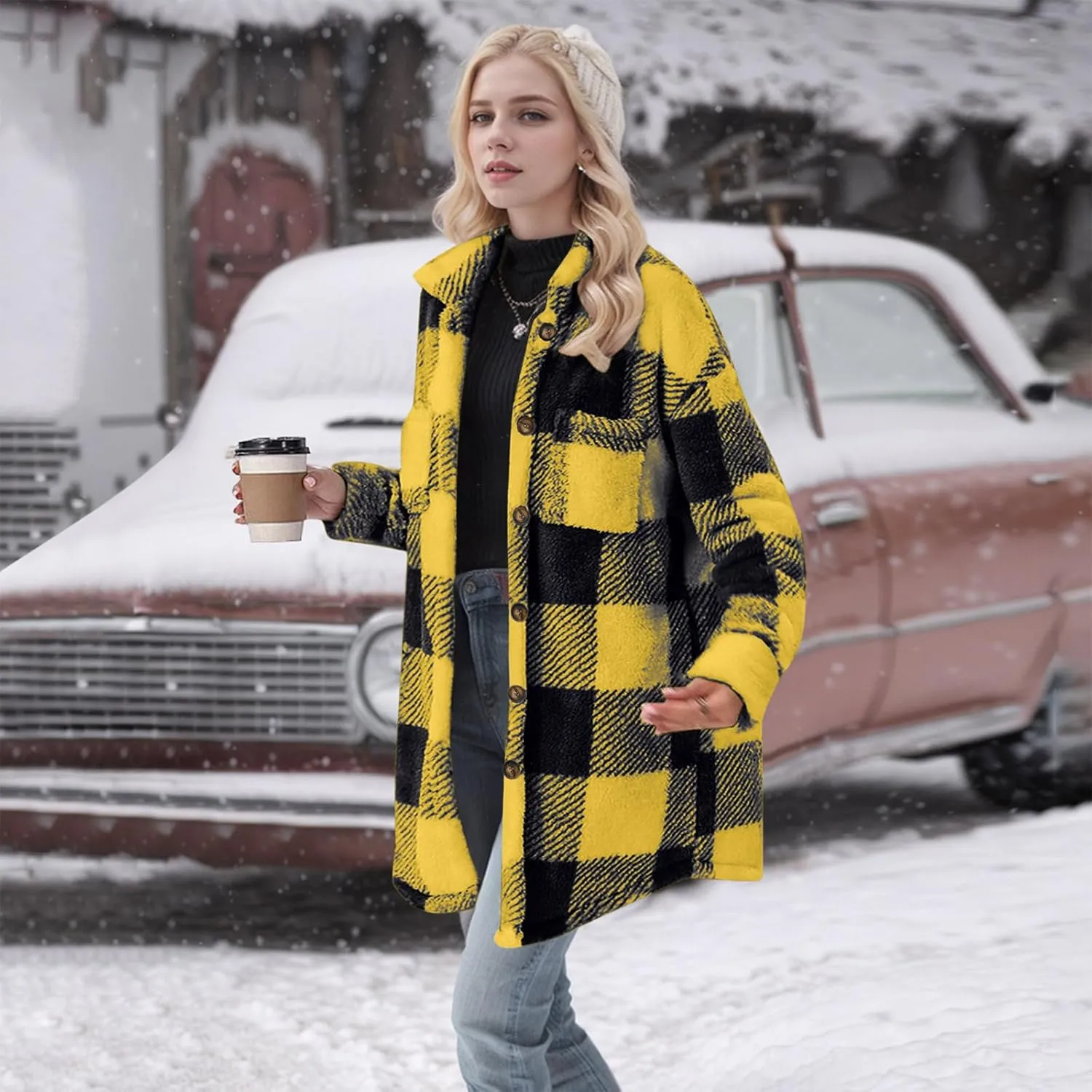 Women Sherpa Jacket Casual Flannel Colorblock Plaid Shacket Long Sleeve Lapel Button Long Fleece Jackets with Pockets