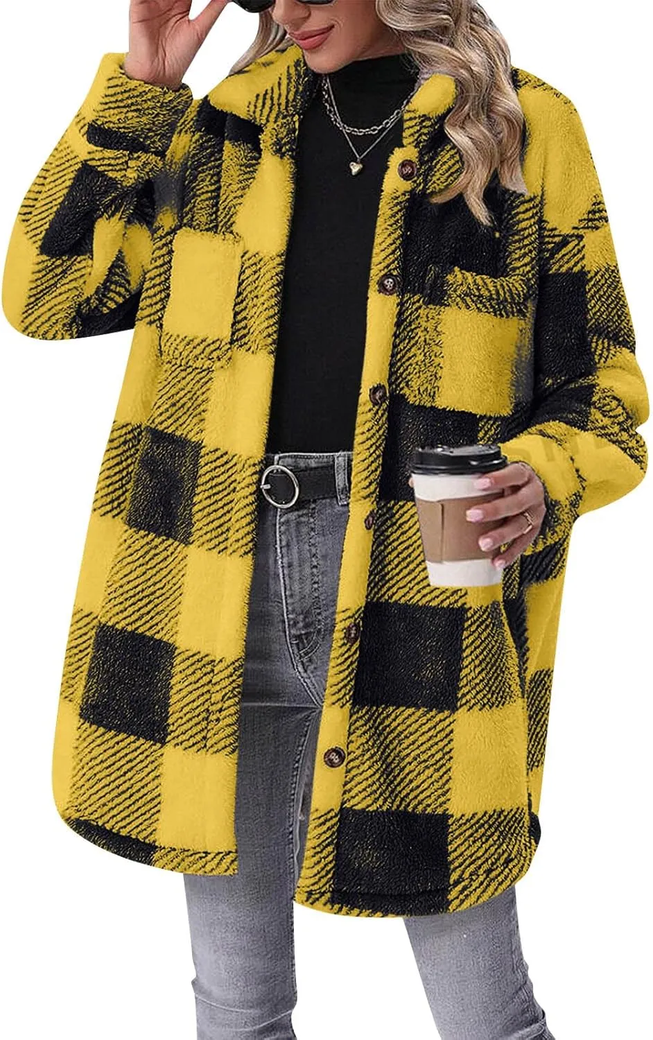 Women Sherpa Jacket Casual Flannel Colorblock Plaid Shacket Long Sleeve Lapel Button Long Fleece Jackets with Pockets