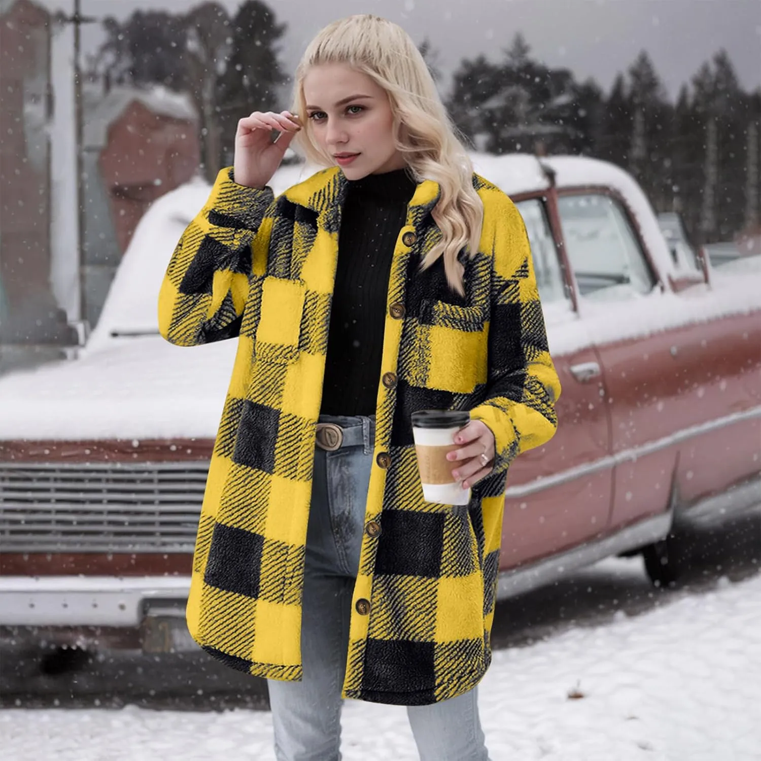 Women Sherpa Jacket Casual Flannel Colorblock Plaid Shacket Long Sleeve Lapel Button Long Fleece Jackets with Pockets
