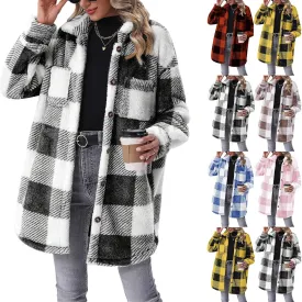 Women Sherpa Jacket Casual Flannel Colorblock Plaid Shacket Long Sleeve Lapel Button Long Fleece Jackets with Pockets