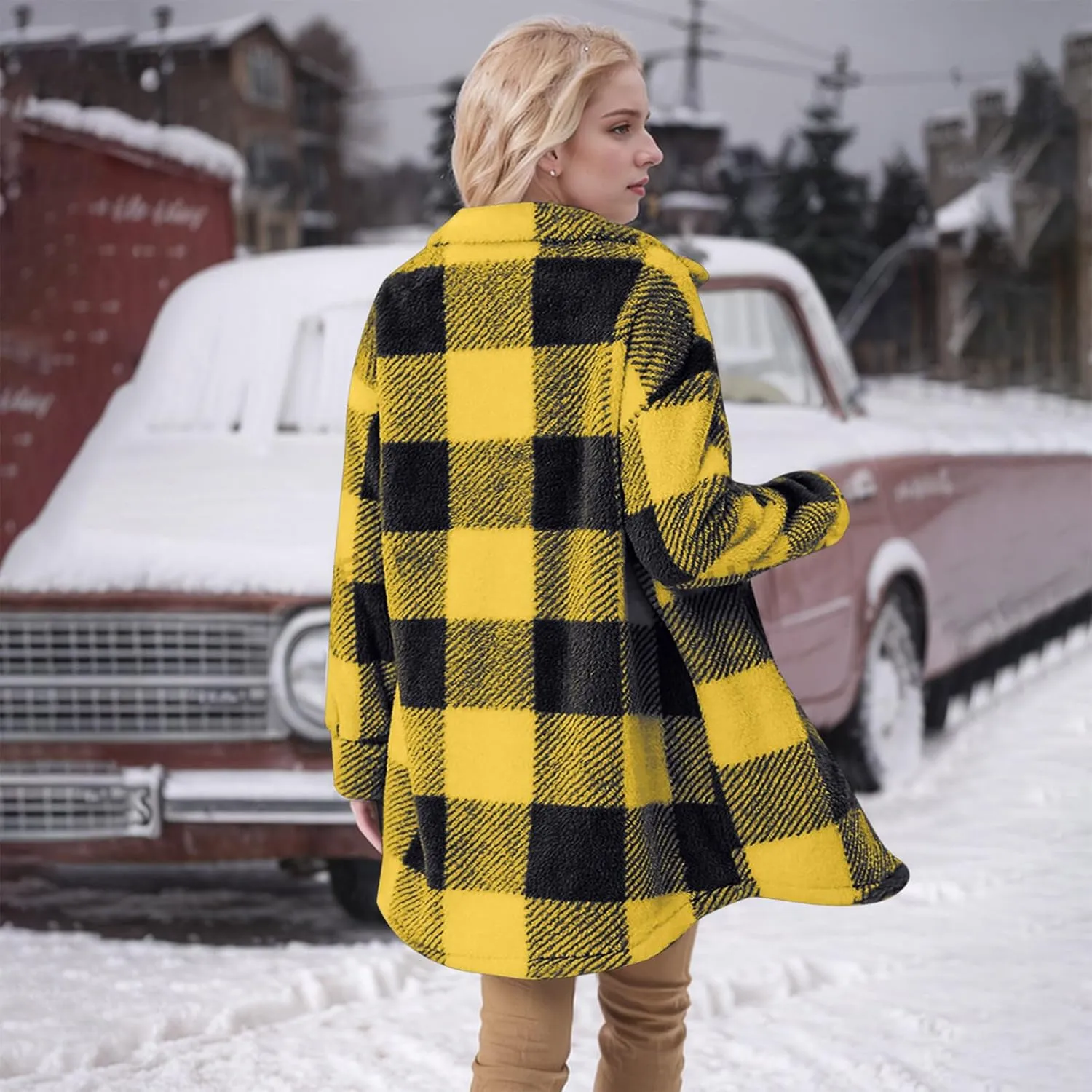 Women Sherpa Jacket Casual Flannel Colorblock Plaid Shacket Long Sleeve Lapel Button Long Fleece Jackets with Pockets