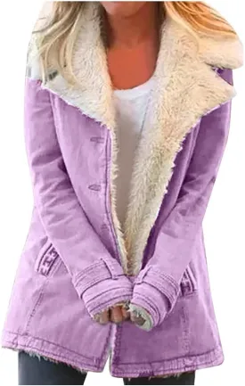 Womens Casual Sherpa Fleece Lined Denim Jackets Plus Size Warm Winter Lapel Collar Faux Fur Oversized Button Down Coat