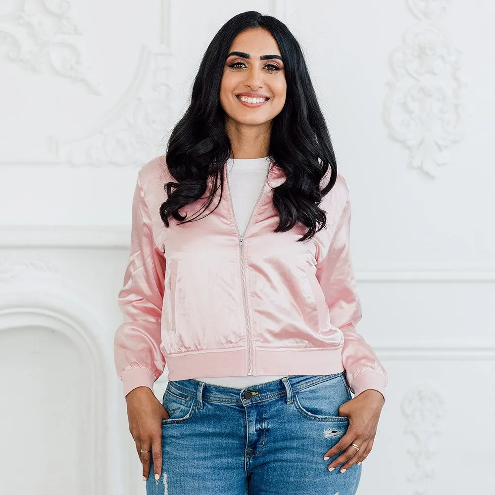 Women’s Custom Printed Pink Satin Bomber Jacket