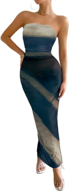 Women's Summer Maxi Dress Tie Dye Strapless Tube Bodycon Side Slit Mesh Layered
