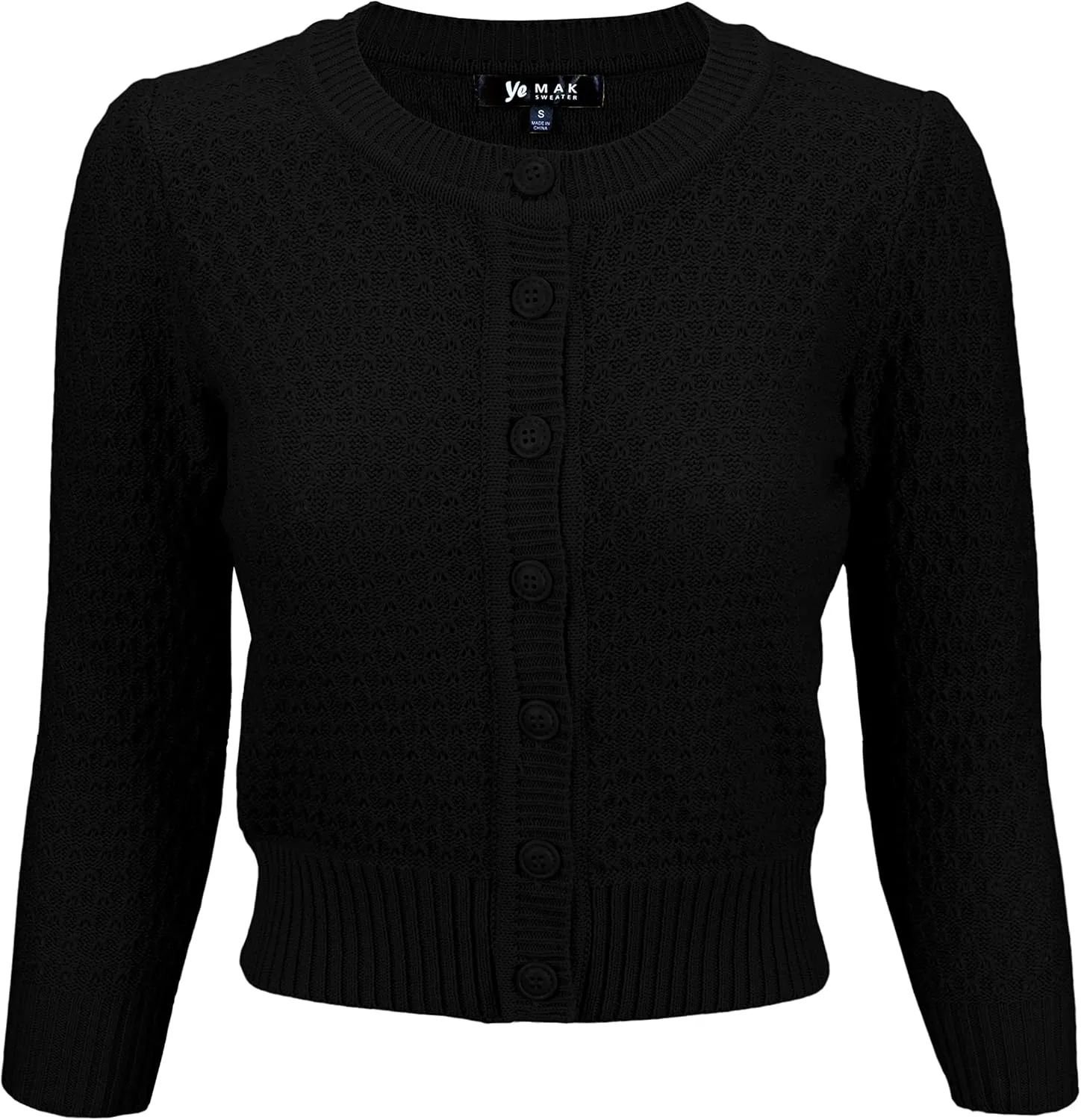 YEMAK Women's Cropped Cardigan Sweater  3/4 Sleeve Crewneck Basic Classic Casual Button Down Soft Crochet Knit Top (S-3XL)