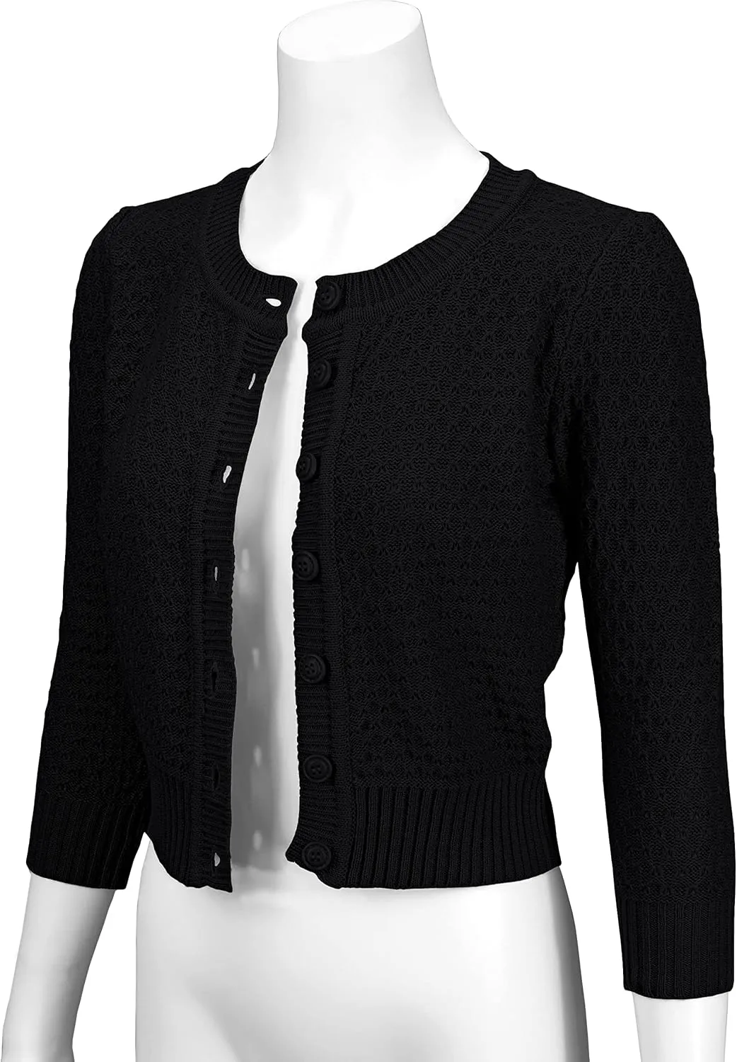 YEMAK Women's Cropped Cardigan Sweater  3/4 Sleeve Crewneck Basic Classic Casual Button Down Soft Crochet Knit Top (S-3XL)