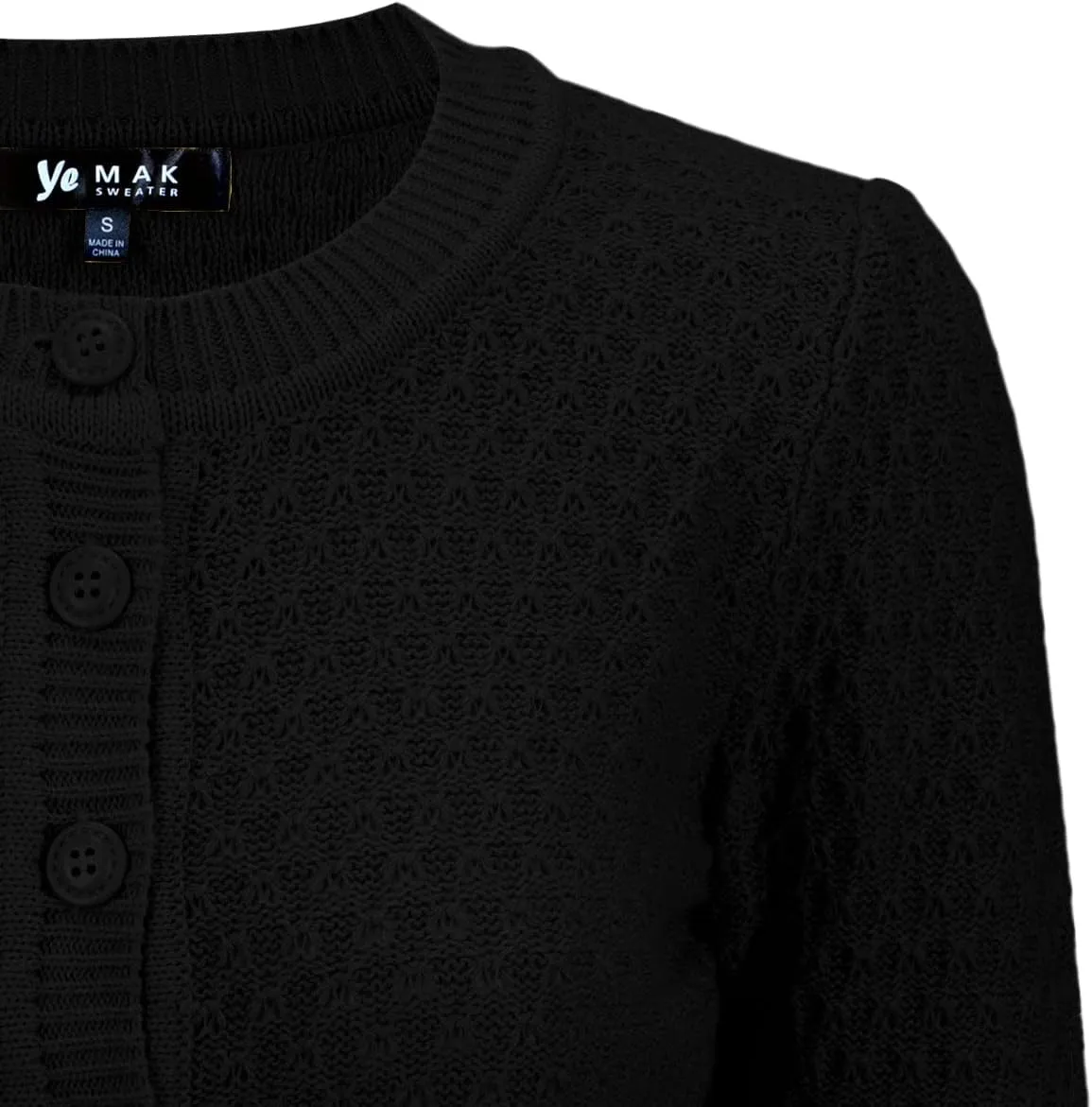 YEMAK Women's Cropped Cardigan Sweater  3/4 Sleeve Crewneck Basic Classic Casual Button Down Soft Crochet Knit Top (S-3XL)