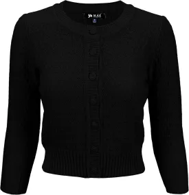 YEMAK Women's Cropped Cardigan Sweater  3/4 Sleeve Crewneck Basic Classic Casual Button Down Soft Crochet Knit Top (S-3XL)