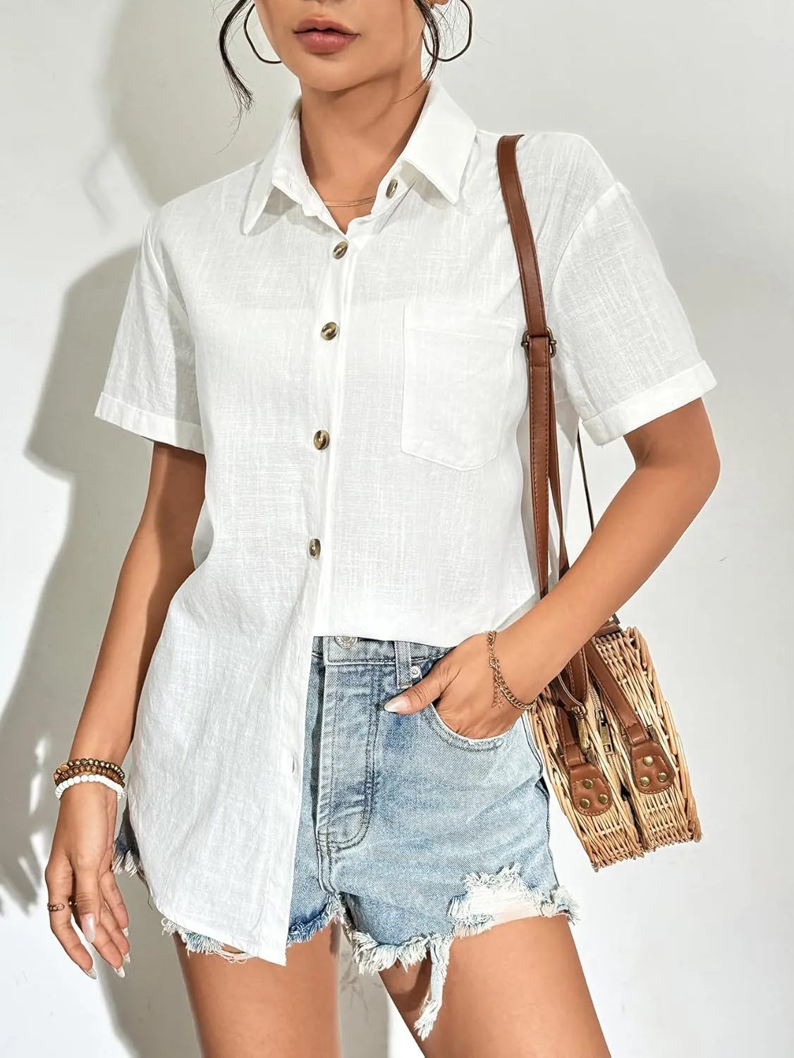 Zeagoo Womens Button Down Linen Shirt Short Sleeve Cotton Blouse Summer Casual Loose Fit Beach Tops S-2XL