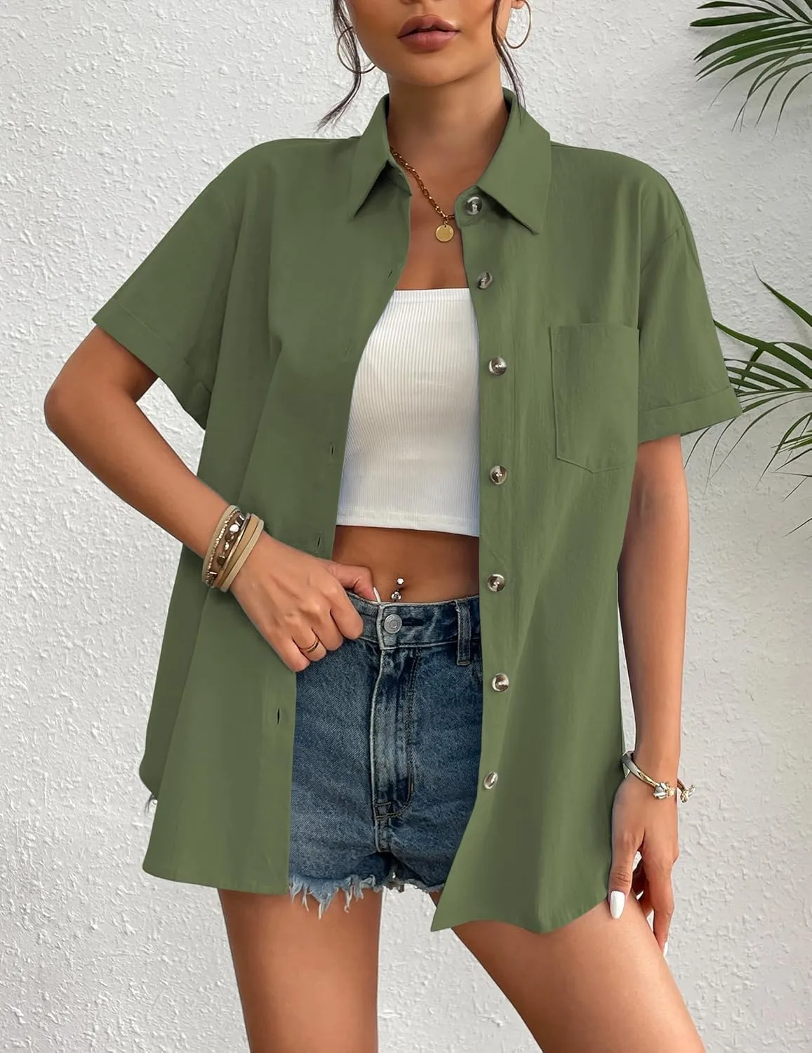 Zeagoo Womens Button Down Linen Shirt Short Sleeve Cotton Blouse Summer Casual Loose Fit Beach Tops S-2XL