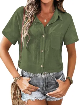 Zeagoo Womens Button Down Linen Shirt Short Sleeve Cotton Blouse Summer Casual Loose Fit Beach Tops S-2XL