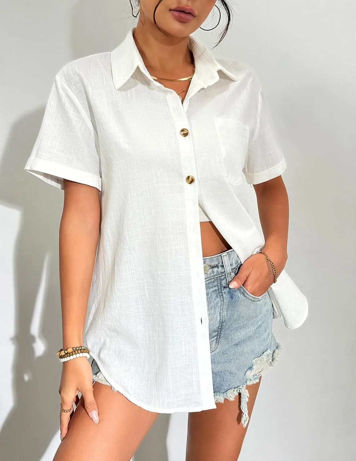 Zeagoo Womens Button Down Linen Shirt Short Sleeve Cotton Blouse Summer Casual Loose Fit Beach Tops S-2XL