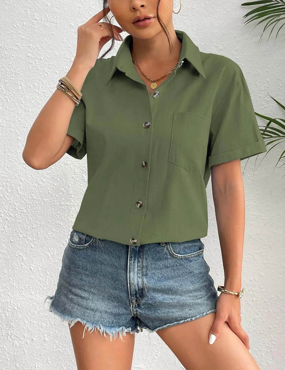 Zeagoo Womens Button Down Linen Shirt Short Sleeve Cotton Blouse Summer Casual Loose Fit Beach Tops S-2XL