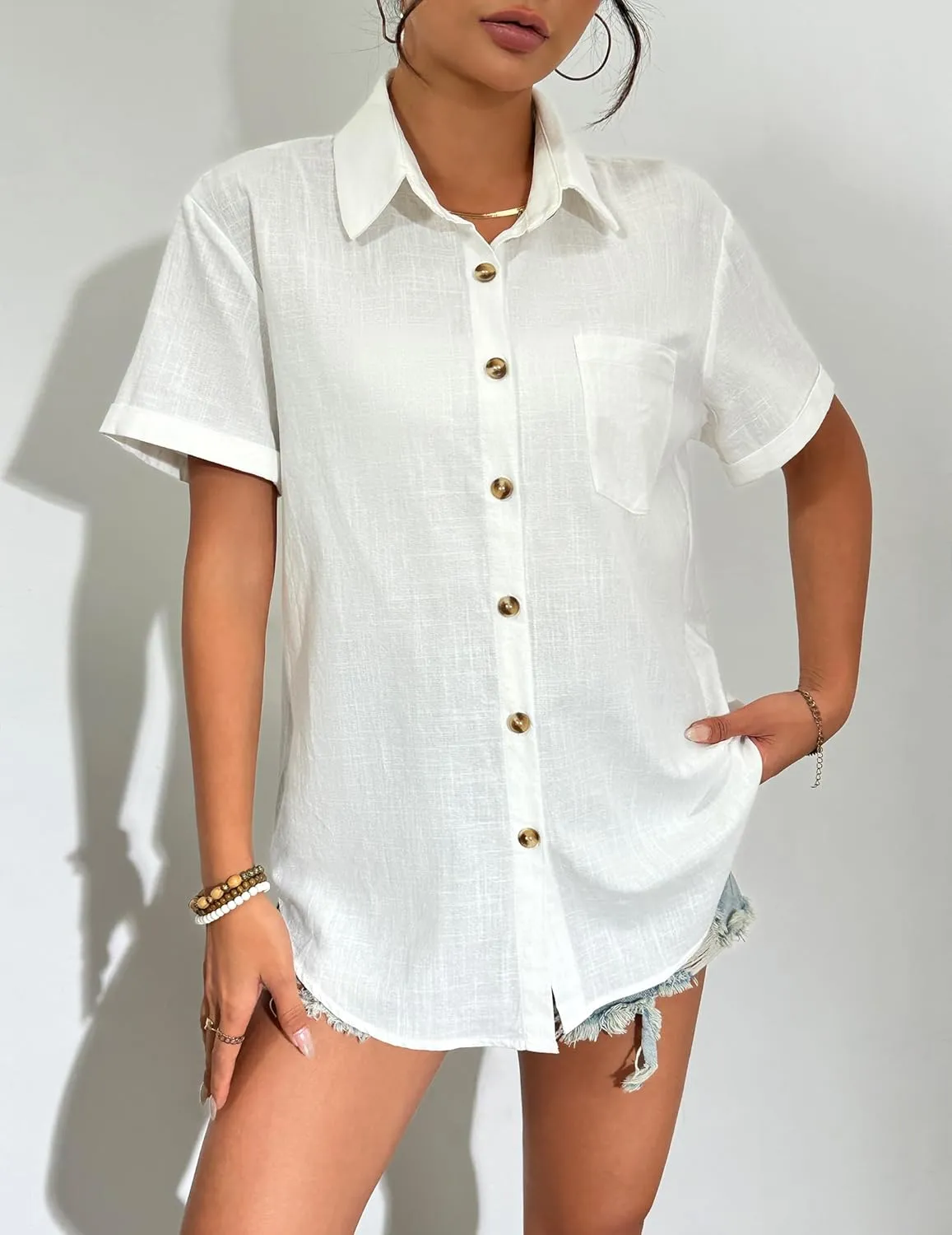 Zeagoo Womens Button Down Linen Shirt Short Sleeve Cotton Blouse Summer Casual Loose Fit Beach Tops S-2XL
